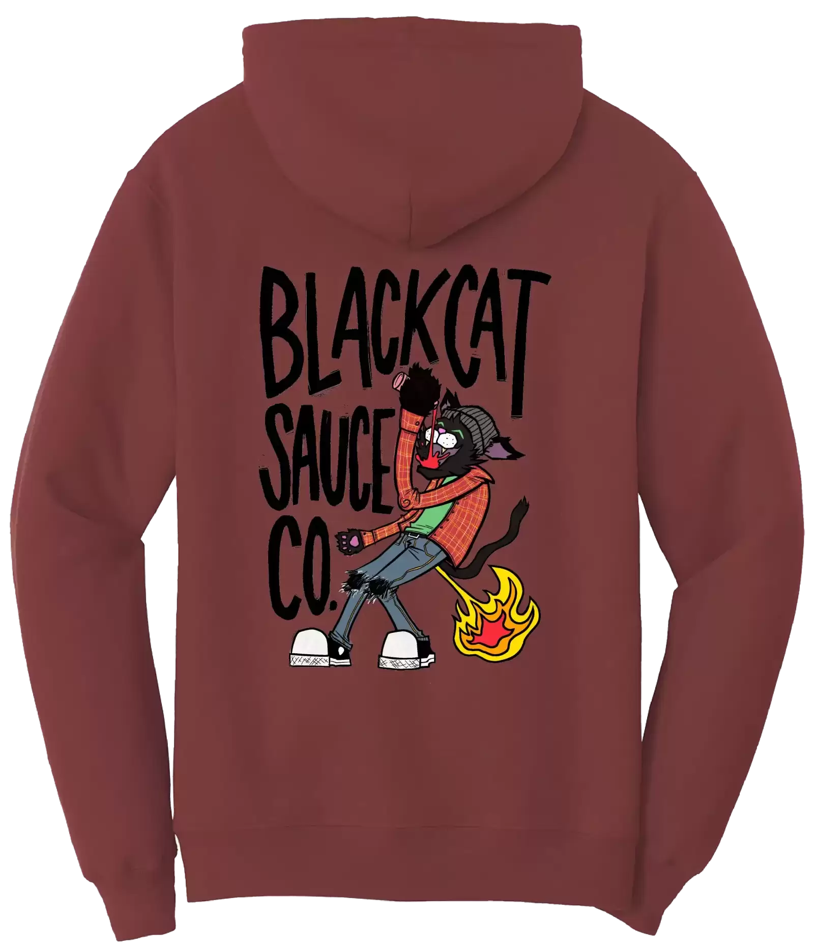 1. Black Cat Black Text on Maroon Sweatshirt Back