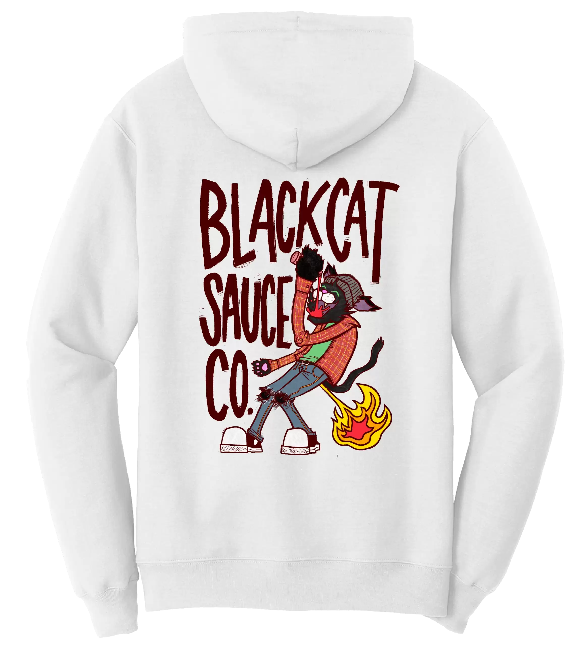 4. Black Cat Burg Text on White Sweatshirt Back