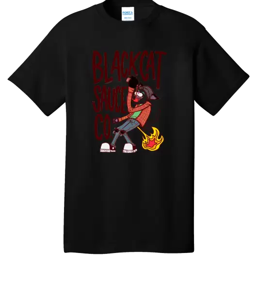 Black Cat T-Shirt Black Maroon Text