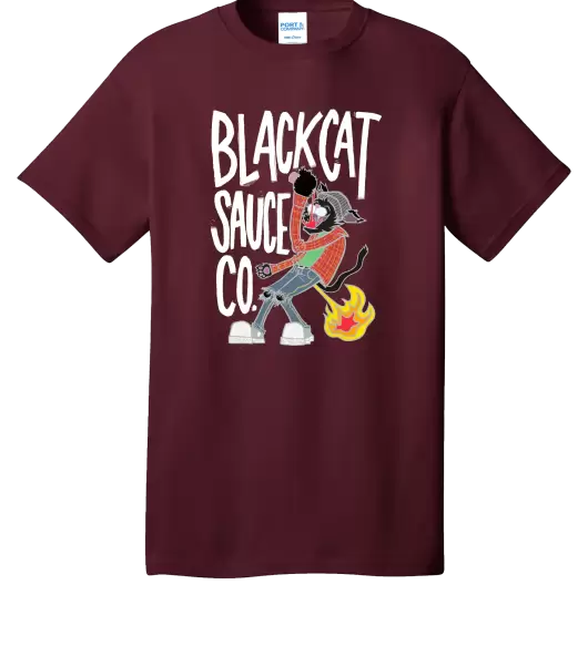 Black Cat T-Shirt Maroon White Text